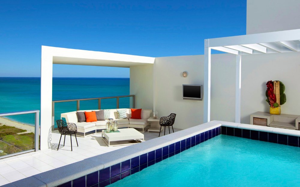 W South Beach Penthouse Suite view of private pool and ocean in background