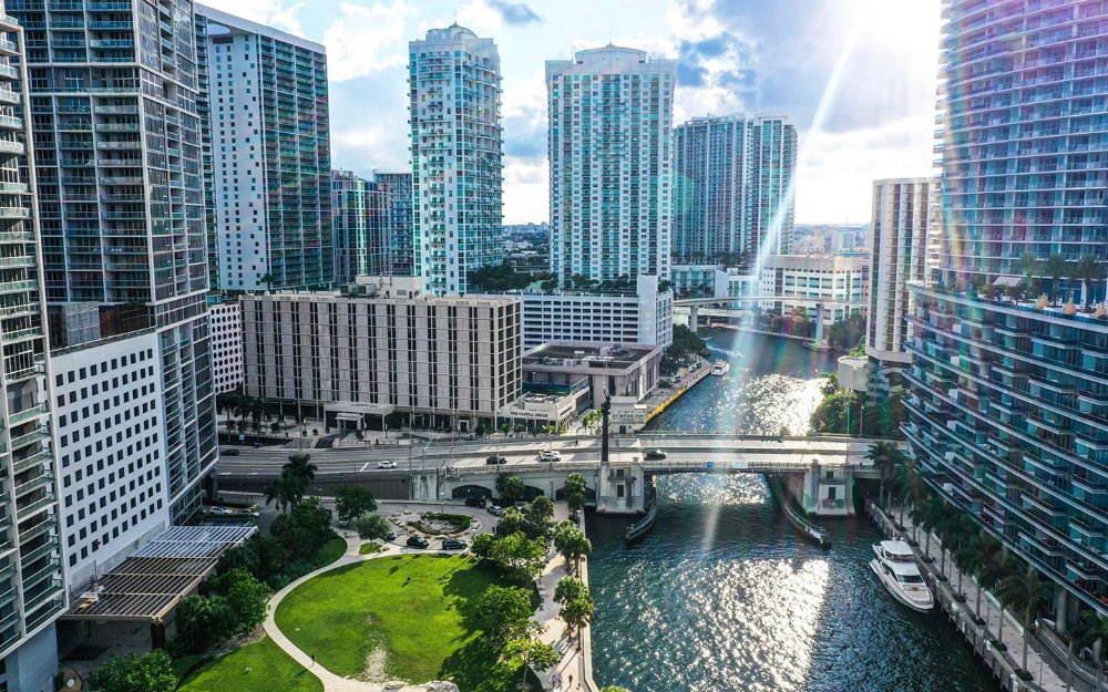 Aerial view of Brickell and Downtown Miami buildings along the bay