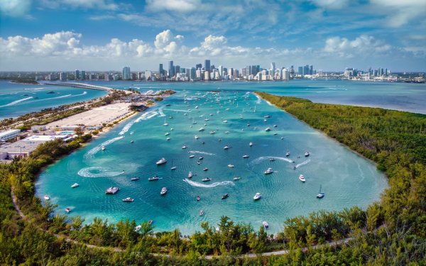 Aerial view of Downtown Miami skyline and Marine Stadium from Key Biscayne