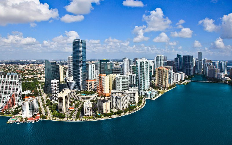 Aerial view of  the buildings on Brickell Bay Drive  and the ocean