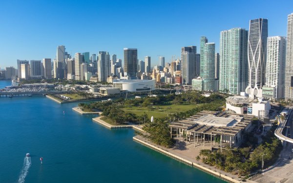 View of Downtown Miami showing PAMM, Frost Science Museum, Kaseya Center and the Skyviews Miami Observation Wheel at Bayside