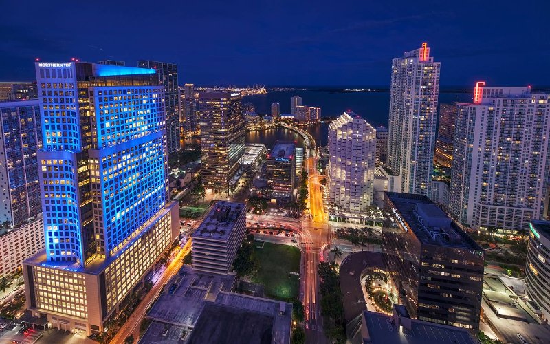 View of Brickell Avenue and Brickell Key at night