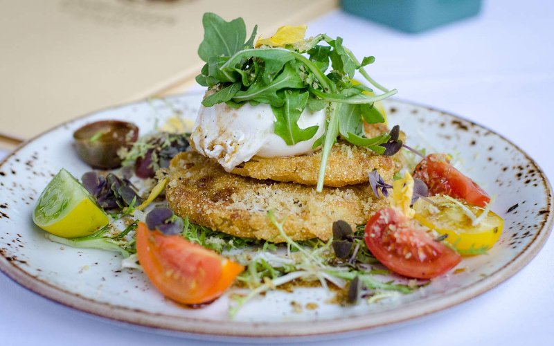 Fried green tomatoes burrata with fresh tomatoes and garnish, beautifully plated 